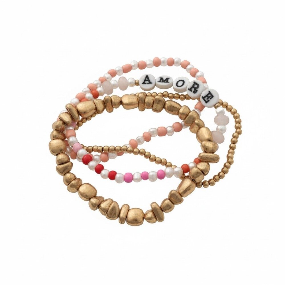 Universal Thread Women's Set Of 4 Beaded Bracelets With "Amore" Charm, Pink/Gold
